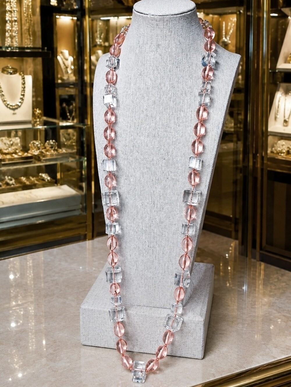 Glass Clear Ice Cube Square and Oval Pink Acrylic Long Bead Necklace Talbot's